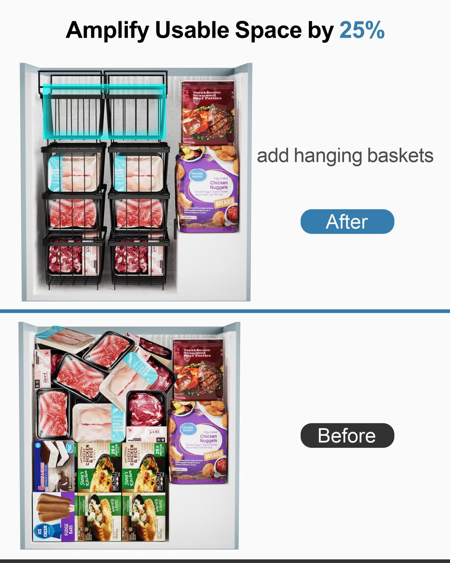 iSPECLE Stackable and Hanging Freezer Organizer Bins (4 Pack, 5 Pack, 6 Pack)
